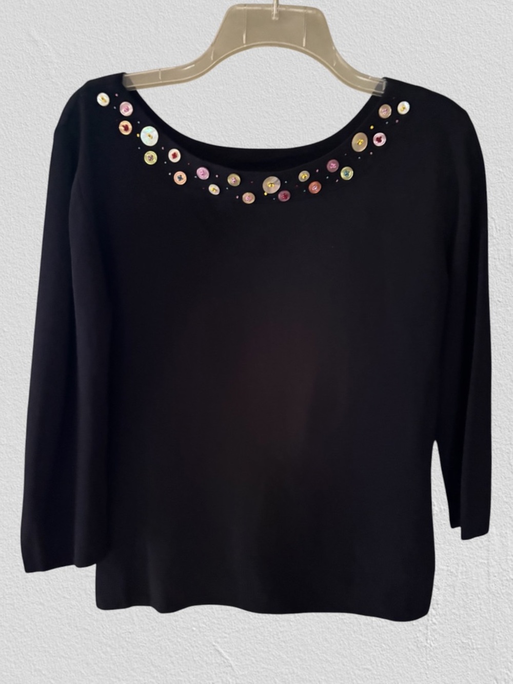 Joseph A. Boat Neck Sweater with button and bead trimmed neckline size L Black